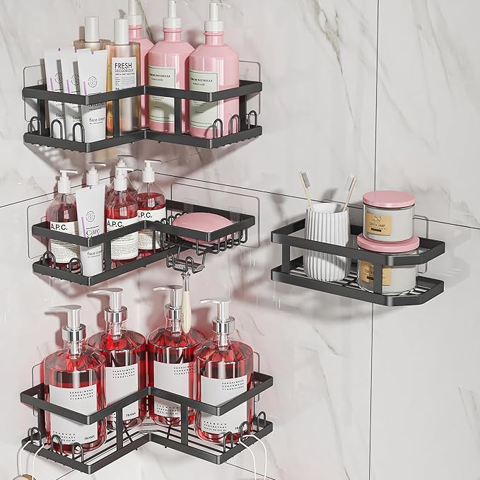 Adhesive Corner Shower Caddy with Soap Holder - Rustproof, No Drilling Shelves Wall Mounted, Organizer for Bathroom, Kitchen & Home Decor. Black, 4-Pack