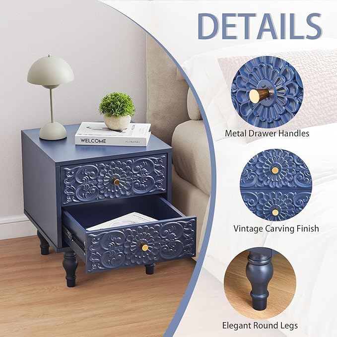 Nightstand, Farmhouse Bedside Table with 2 Drawers and Metal Handles, Wood Sofa Side Table End Table Accent Dresser for Bedroom, Living Room (Blue-2 Packs)