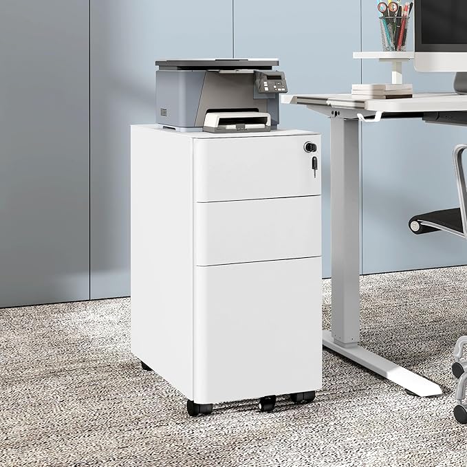 DWVO 3-Drawer Vertical File Cabinet, Mobile Filing Cabinet with Lockable, Pre-Assembled Compact Slim File Cabinet, Portable Office Storage for A4/Letter/Legal Documents (White)
