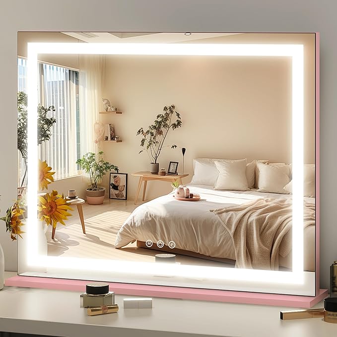 FENNIO Vanity Mirror with Lights 23"x18", Lighted Makeup Mirror, Large Vanity Mirror, Touch Sensor with 3-Color Lighting, 10X Magnification and USB Charging Port for Vanity Desk(Square Pink)