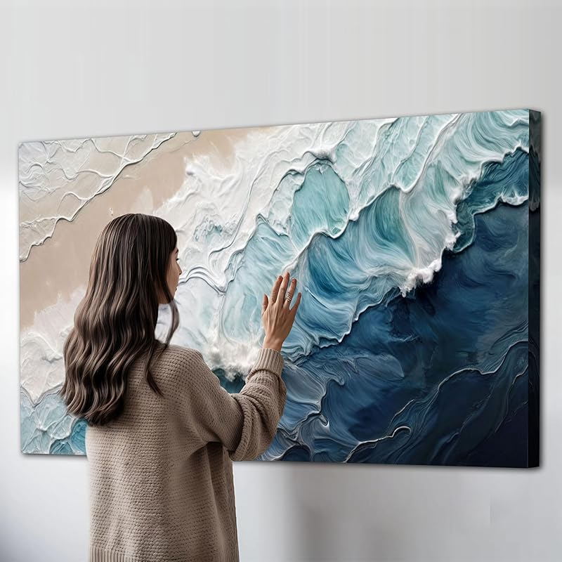 Tailored Canvases Crashing Coastal Waves Impasto Wall Art for Living Room, Abstract Seascape Canvas, Beach Paintings, Wave Artwork, Coastal Ocean Decor, Nautical Blue and White Accent Print 18x36