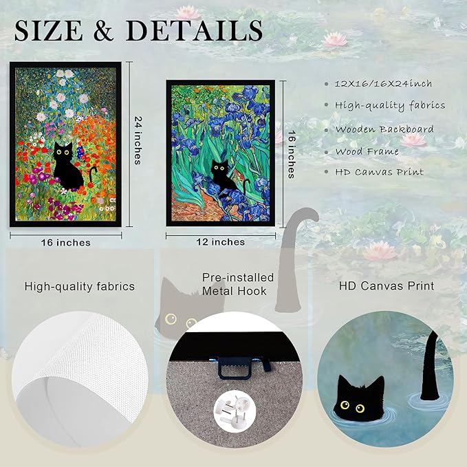 Krtoni 3Pcs Framed Black Cat Wall Art, Vintage Funny Black Cat in Water Lilies Poster Prints Paintings, Garden Flowers Cat Aesthetic Wall Decor, for Bathroom Living Room Bedroom 12" W x 16" H