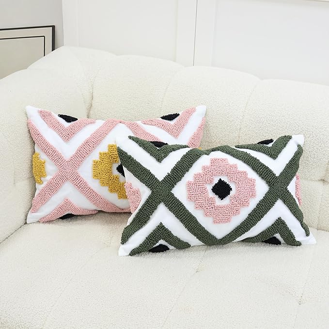 Boho Accent Lumbar Pillow Covers 12x20 - Tufted Abstract Modern Throw Pillow Covers, Farmhouse Decorative Pillowcase for Couch, Sofa, Bed, Living Room -Pink Black Orange Geometric