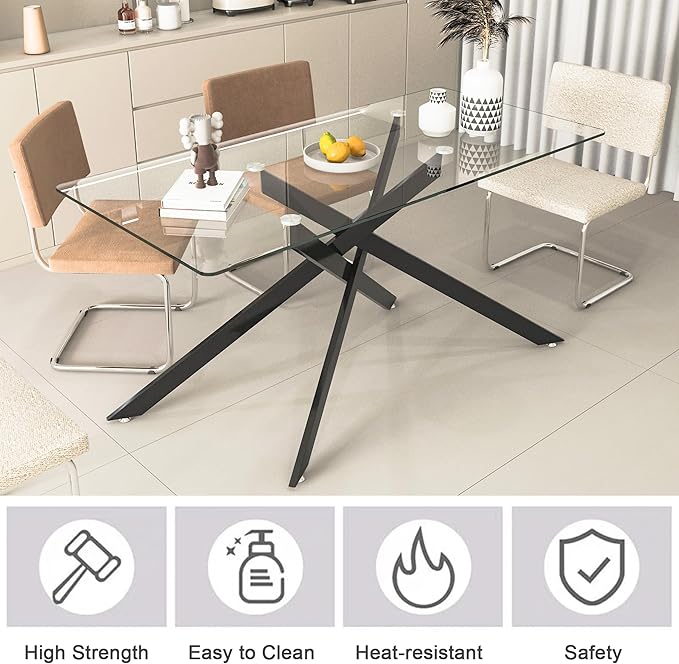 60.6'' Tempered Glass Dining Table for 4-6 People, Rectangle Kitchen Table with Black X-Base Metal Legs, Adjustable Feet, Glass Top Desk for Home Office Glass Dining Room Table for 6