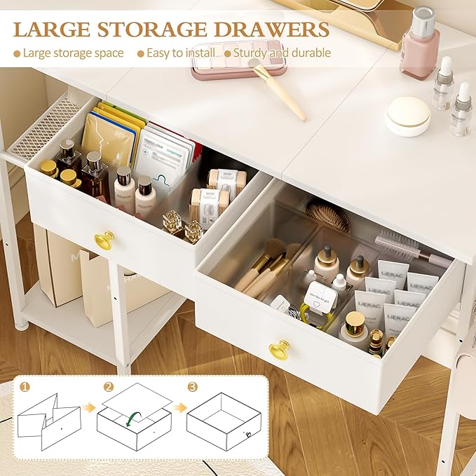 White Vanity Desk Without Mirror for Bedroom, Makeup Desk with 2 Fabric Drawers, Vanity Desk with Iron Hook, 36 Inches Vanity with Storage, White