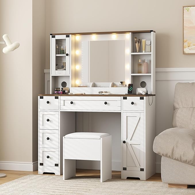 IDEALHOUSE Farmhouse Vanity Desk with Mirror and Lights, White Makeup Vanity Set with Stool, Power Outlet, 3 Color Lighting Modes Bulbs, Drawers & Cabinets, Dressing Table for Bedroom, White