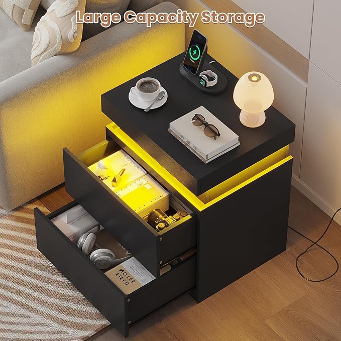 ADORNEVE Black Nightstand Set of 2,Night Stand with Charging Station & LED Light & Sliding Top,Bedside Table with Drawers,Modern Bed Side Tables Bedroom