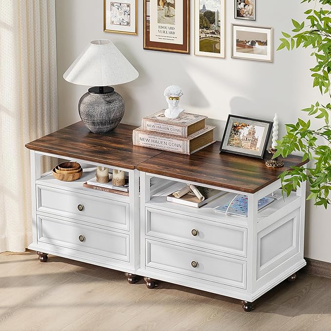 Farmhouse Nightstand with Charging Station, 24" Wide End Table with 2 Drawers,White Wood Dresser for Bedroom, Bed Side Table Chest of Drawers Cabinet,Night Stand for Living Room, Closet