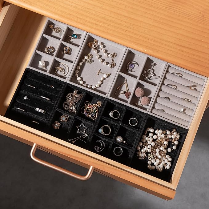 Frebeauty Small Jewelry Tray Set,Stackable Velvet Jewelry Organizer Tray,Mini Jewelry Drawer Organizer,Drawer Inserts,4.92 x 3.74 x 0.9 Inches,Earring Organizer for Women(Set 4,White)