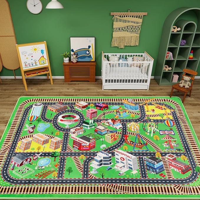 Kids Rug Play Mat for Toy Cars, City Life 3D Road Traffic 39.4"×59" for Playroom Kid Car Road Rug City Map Play Mat Non-Slip Washable Classroom Carpet for Toddlers BoyTummy Time Playtime