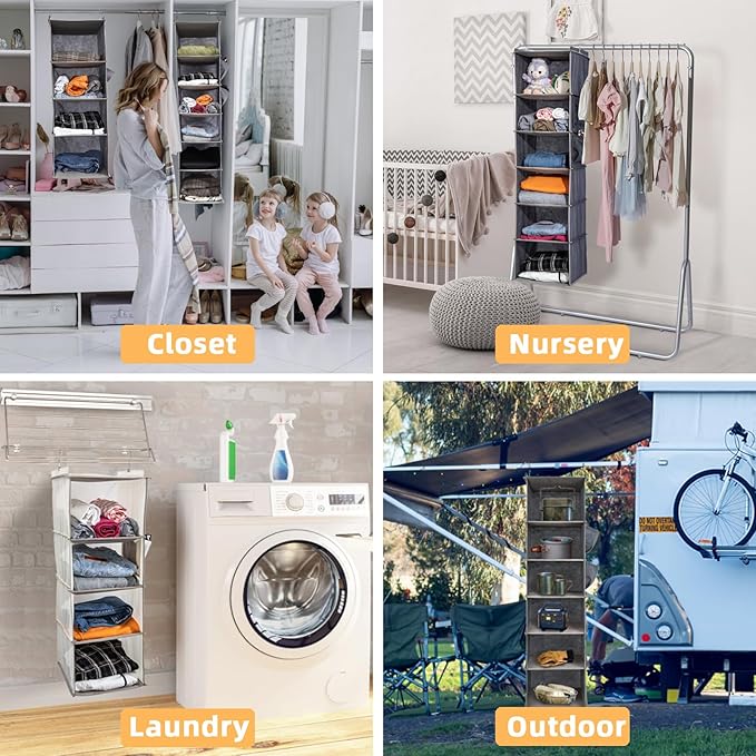 6-Shelf Hanging Closet Organizer and Storage, Collapsible Hanging Shelves for Closet with 2 Side Pockets, Hanging Shoe Organizer to Saving Space,Beige