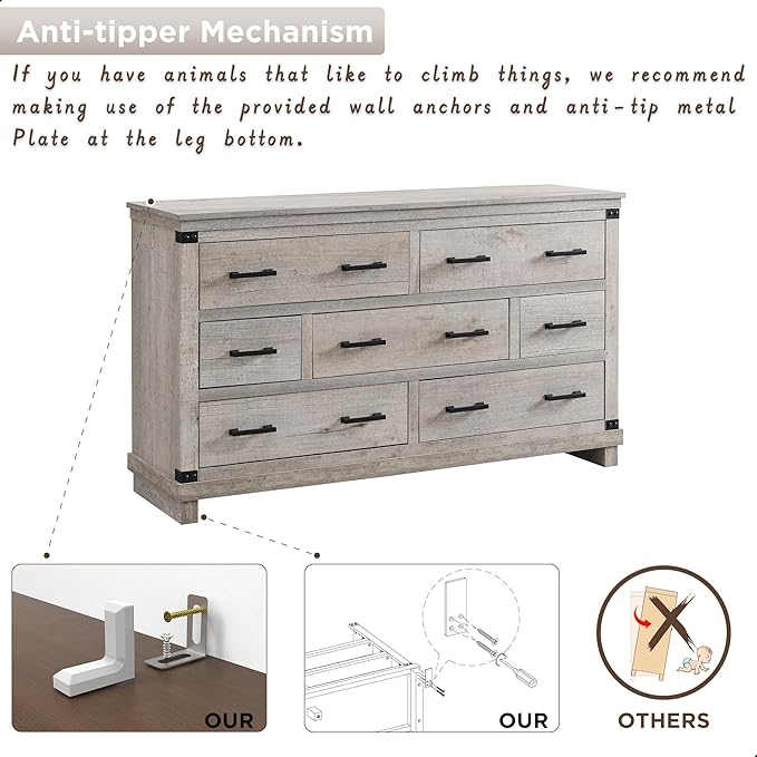 RedLemon Farmhouse 7 Drawer Dresser for Bedroom, Wood Large Chest of Drawers with Thick Plank Styling, Rustic Closet Dresser for Living Room, Light Rustic Oak