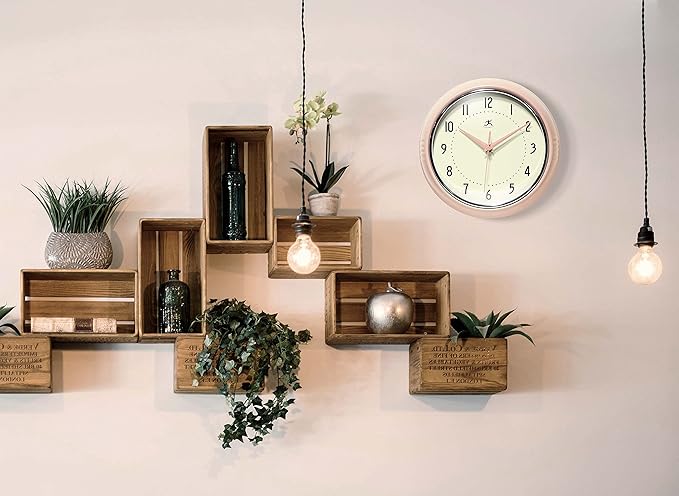 Infinity Instruments LTD. Retro 9 inch Silent Sweep Non-Ticking Mid Century Modern Kitchen Diner Wall Clock Quartz Movement Retro Wall Clock Decorative (Rose Blush)β¦