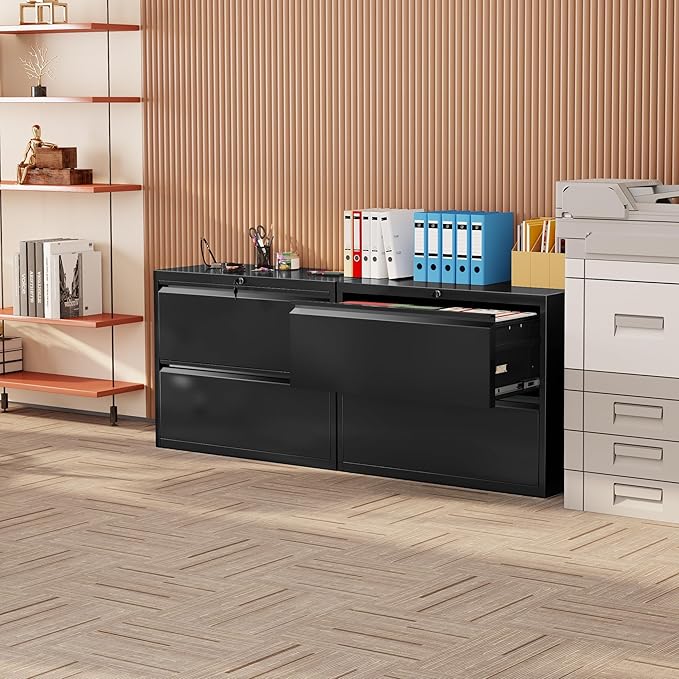 Bonusall Lateral File Cabinet 2 Drawer, Metal Lateral Filing Cabinet with Lock, Locking Horizontal Drawers File Cabinets for Legal/Letter / A4 / F4 Size for Home Office, Steel, Heavy Duty, Black