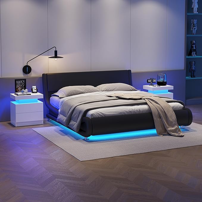White Night Stand LED Nightstands with 2 Drawers Modern Bedside Table for Bedroom,Living Room