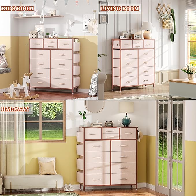 Lulive Pink Dresser for Bedroom with 12 Drawers, Tall Dresser Chest of Drawers with Side Pockets and Hooks, Fabric Storage Tower for Closet, Hallway, Living Room (Pink)