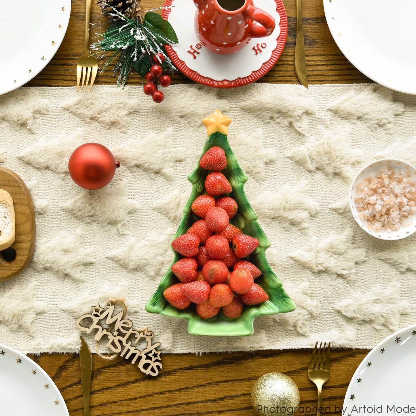 Artoid Mode Christmas Trees Beige Soft Plush Faux Fur Jacquard Christmas Table Runner, Holiday Kitchen Dining Table Decoration for Home Party Decor 13x72 Inch