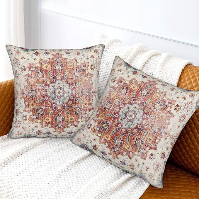 Boho Pillow Covers 24x24 Set of 2, Blue Orange Bohemian Carpet Pattern Outdoor Decorative Throw Pillows Linen Ethnic Design Vintage Farmhouse Cushion Cases for Couch Sofa Decor