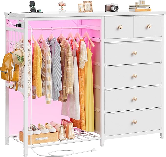 EnHomee 49.2" W White Dresser for Bedroom with Hanging Rack, 6 Drawers Dresser with LED Lights & Charging Station, Fabric Dressers & Chest of Drawers with Clothes Rack, Wooden Top, Grid Panel, Closet