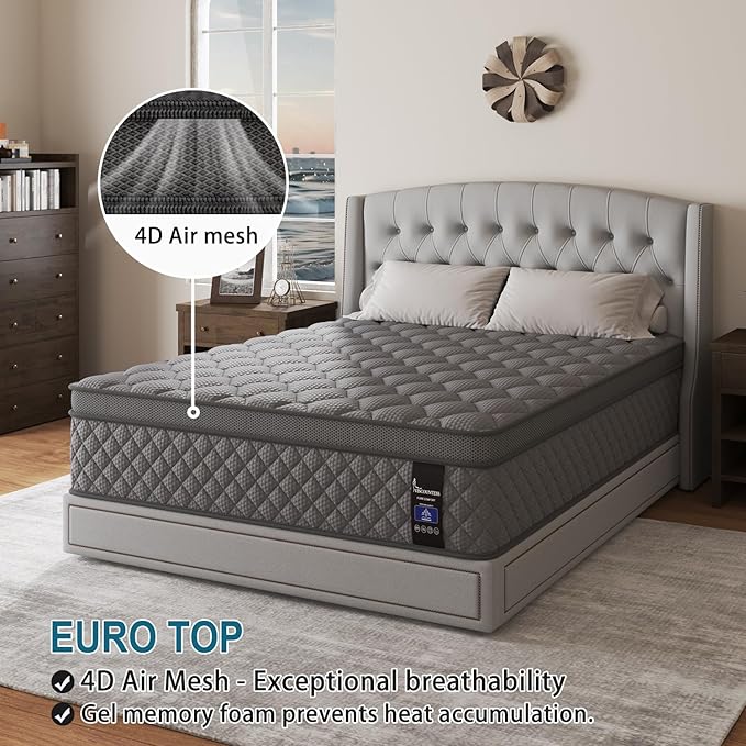 Queen Mattress, 10 Inch Euro Top Mattress Grey Hybrid Medium Firm for Back & Lumbar Support, 100 Night Trial, Individual Pocket Spring for Motion Isolation & Pressure Relief