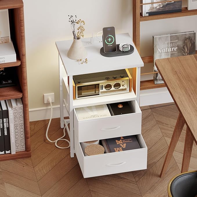 Fixwal Nightstand Set of 2 Night Stand with Charging Station, LED Nightstand with Fabric Drawers, End Table with PU Finish, Bed Side Table, White