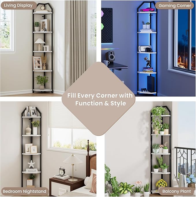 70 Inch Corner Shelf with LED Lights, 5-Tier Corner Bookshelf for Small Spaces, Wood & Metal Storage Rack for Bedroom, Living Room, Office - Modern Space Saving Design- White