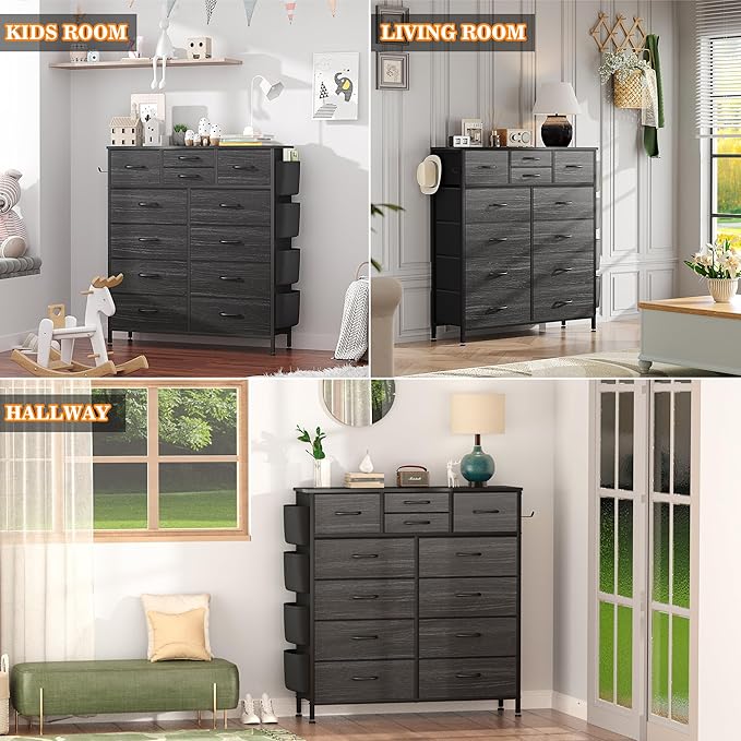 Lulive Black Dresser for Bedroom with 12 Drawers, Tall Dressers Chest of Drawers with Side Pockets and Hooks, Fabric Dresser Storage Tower for Closet, Hallway, Living Room (Black White Stripes)