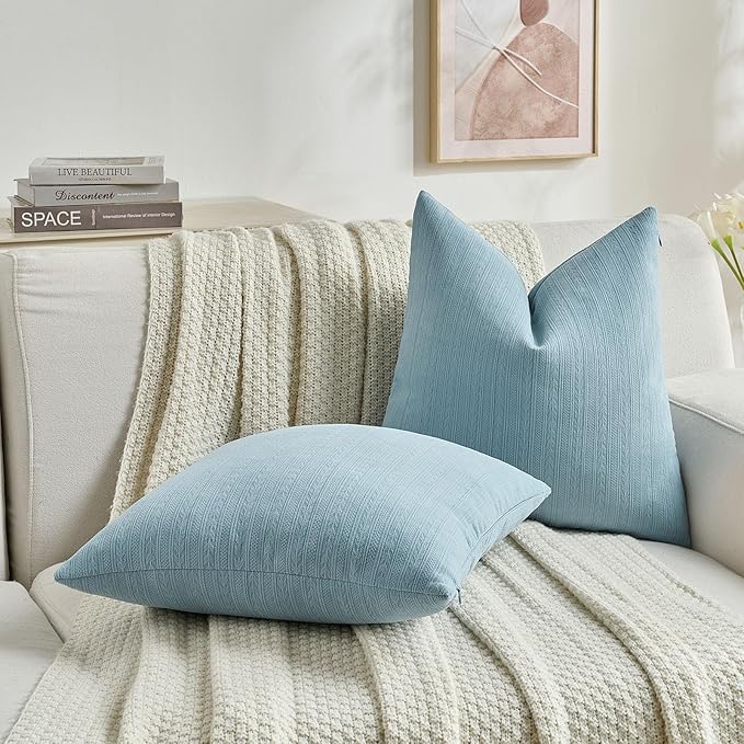 FUTEI Denim Blue Decorative Throw Pillow Covers 18x18 Inch Set of 2,Soft Cozy Wheat Ear Striped Patterns Cushion Cases,Modern Home Decor for Couch Bed Living Room
