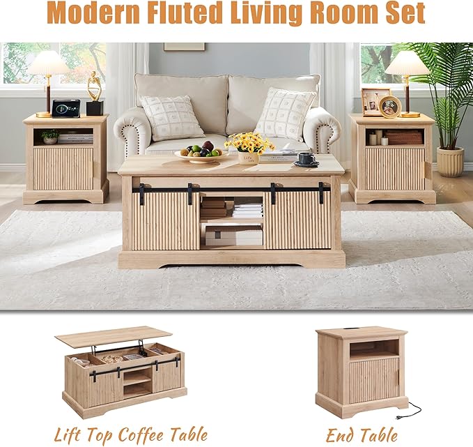 Fluted Nightstand with Charging Station, 22" Large Modern Side Table, Wood End Table w/Open Shelf & Spacious Tabletop, Bedside Table with Storage Space for Bedroom, Living Room (Natural)