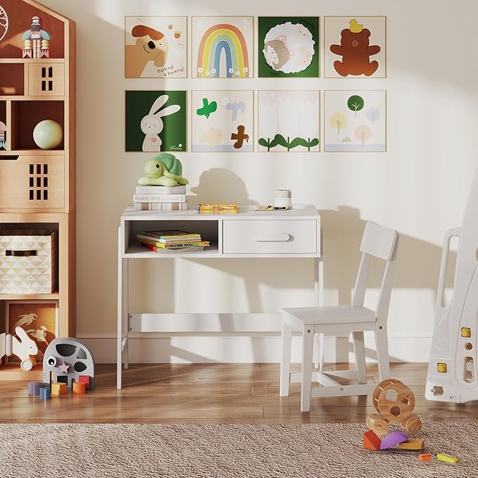 HONEY JOY Kids Desk and Chair Set, Wooden Children School Study Table and Chair w/Storage Drawer & Hutch, Student Writing Desk Computer Workstation for Bedroom, Gift for 3+ Years Old (White)