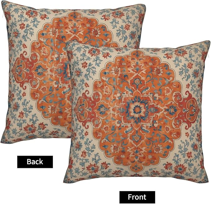 Blue Orange Boho Floral Pillow Covers 20x20 Inch Set of 2 Fall Bohemian Vintage Carpet Pattern Decorative Outdoor Throw Pillows Farmhouse Decor Cushion Covers for Sofa Bed Couch Living Room