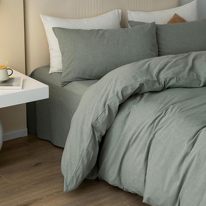 JIYUAN 100% Washed Cotton Duvet Cover Set 3 Pieces Alaska King, 1 Duvet Cover 132x120 Inches(Comforter Not Included) and 2 Pillowcases,Linen Feel Bedding Set Comfy and Breathable, Heathered Green