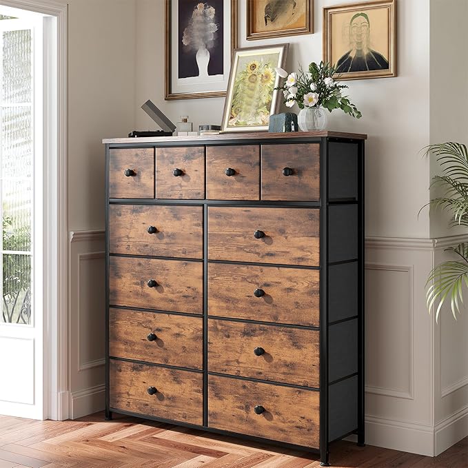 Dresser for Bedroom with 12 Drawers Tall Dressers for Bedroom Fabric Dressers & Chest of Drawers with Sturdy Metal Frame, Wood Top, for Woman, Closet, 40.6" W x 11.8" D x 44.5" H (Rustic Brown)
