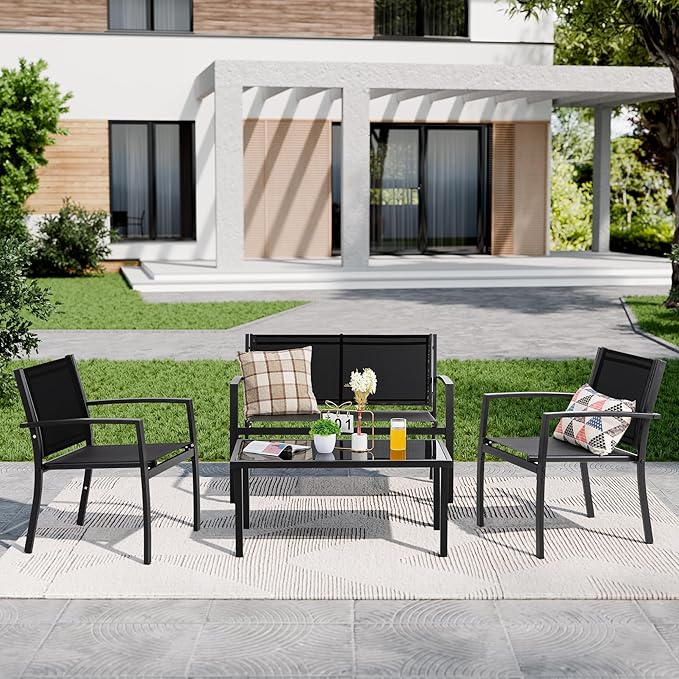 Shintenchi 4 Pieces Patio Furniture Set All Weather Textile Fabric Outdoor Conversation Set, with Glass Coffee Table, Loveseat, 2 Single Chairs for Home, Garden, Lawn, Porch(Black)
