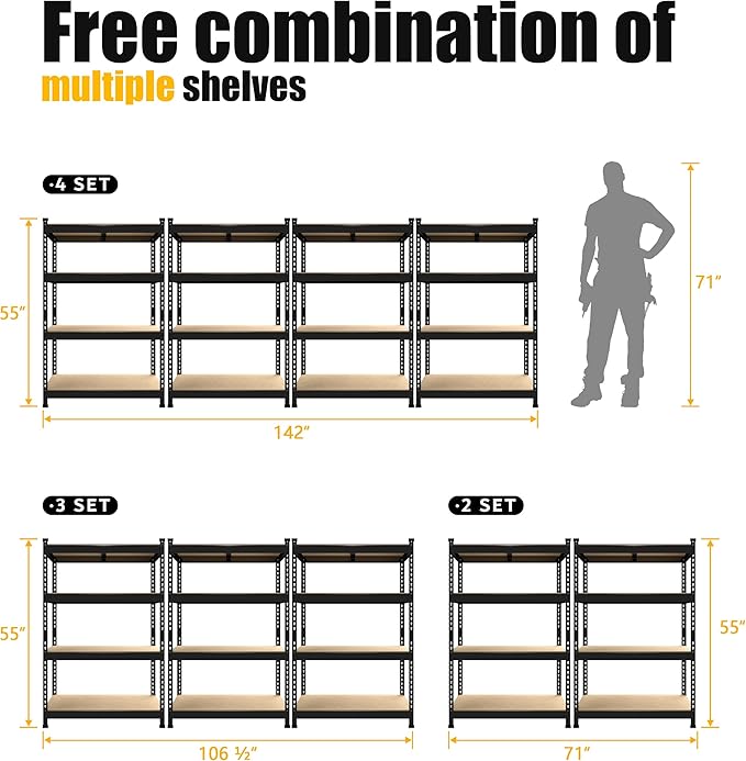 PrimeZone 4 Tier 36" W x 16" D x 55" H Storage Shelves - 4 Pack Adjustable Garage Storage Shelving, Heavy Duty Metal Storage Utility Rack Shelf Unit for Warehouse Pantry Closet Kitchen, Black
