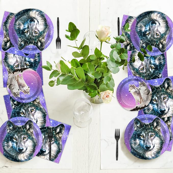 Wiooffen 96 Pcs Wolf Party Supplies Plates Napkins Forks Tableware Set Wolf Animal Birthday Disposable Dinnerware Decoration for Boys Girls Birthday Baby Shower, 24 Guests