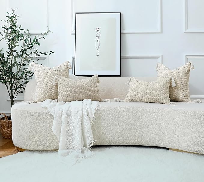 sykting Boho Outdoor Lumbar Pillow Covers 12x20 Set of 2 Thick Woven Neutral Beige Throw Pillow Covers with Tassels for Couch Sofa Living Room