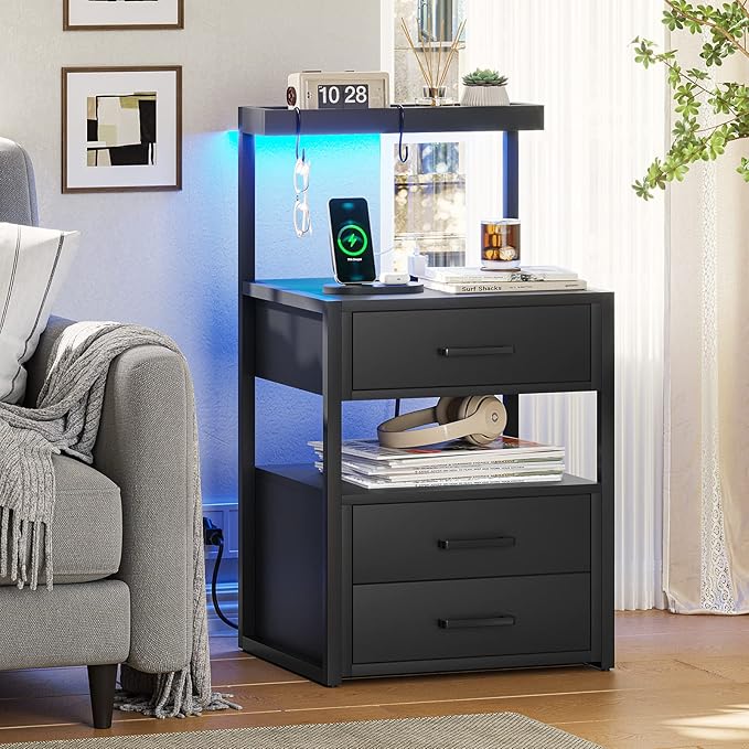 AOGLLATI Nightstand Set of 2 with Charging Station and LED Lights, Bedside Table with 3 Drawers and Open Storage Shelves, 2 USB Ports and 2 AC Outlets, LED Night Stand for Bedroom, 2 Pack, Black