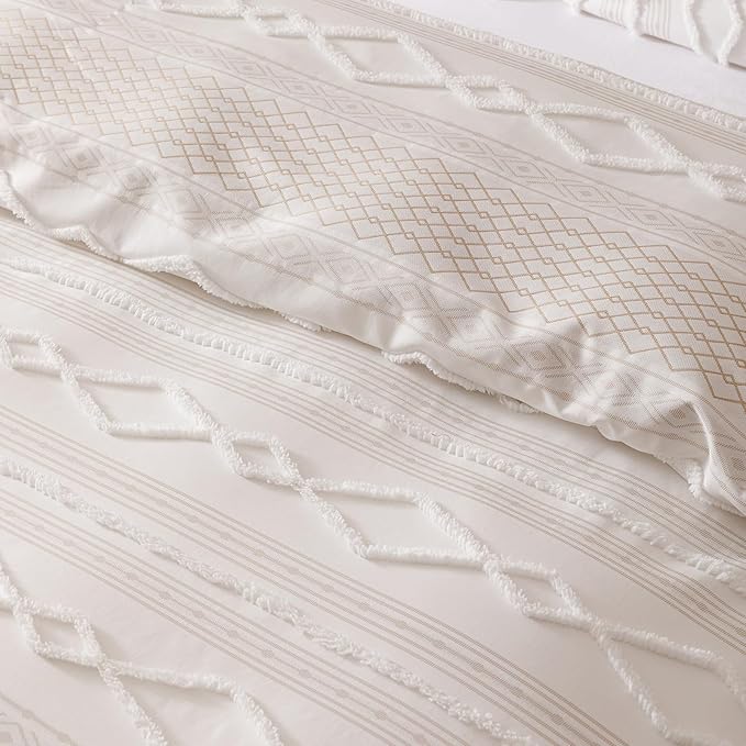 Boho Beige Comforter Full Set Striped Comforter 3 Pieces Tufted Geometric Bedding Set Soft Fluffy Geometric Pattern Bedding for All Seasons