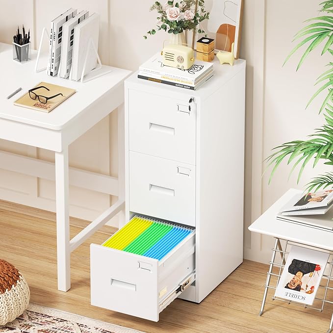 Bonusall Vertical File Cabinet with Lock 3 Drawer Locking Vertical Filing Cabinets,Metal Office File Cabinet Horizontal Filing Organizer with Hanging Rack for Legal/Letter Size, White