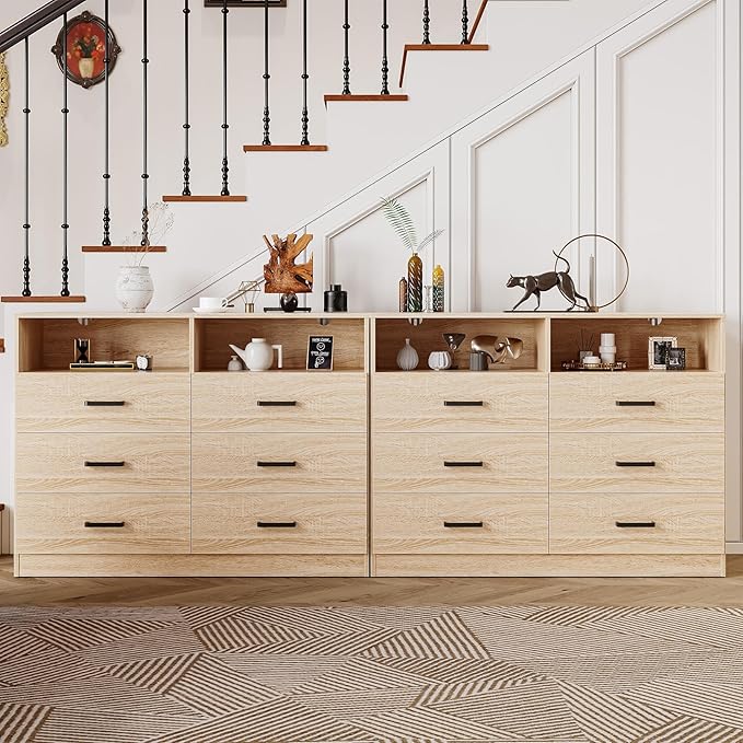 Bigbiglife 6 Drawers Dresser for Bedroom Wooden Drawer with Open Storage Cubby, Double Wide Dresser Organizer for Bedroom, Living Room, Entryway, Hallway (Light Oak)