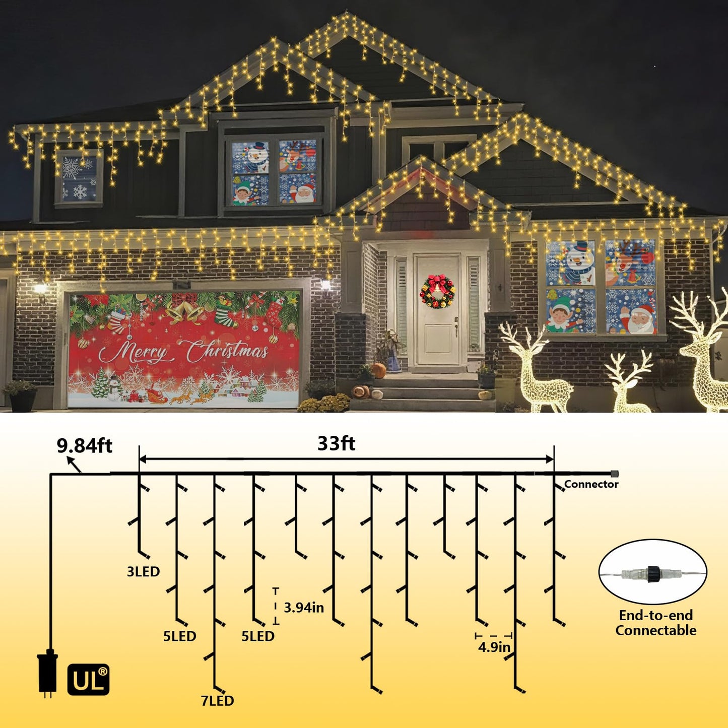 QITONG Warm White Icicle Christmas Lights, 33ft 400 LED Icicle Lights for Outside Indoor with 8 Modes, Clear Wire Connectable String Light Plug in