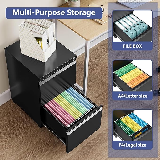 2 Drawer File Cabinet with Lock,Locking Filing Cabinet Under Desk,Rolling File Cabinets for Home Office/Legal/Letter Size,Fully Assembled (Black)