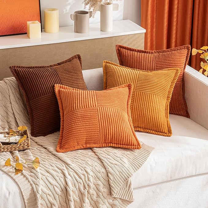 MIULEE Orange Fall Decorative Throw Pillow Covers for Couch Bed Livingroom 20x20 Inch Set of 2 Boho Accent Throw Pllows Broadside Striped Patchwork Soft Corduroy Pillowcases