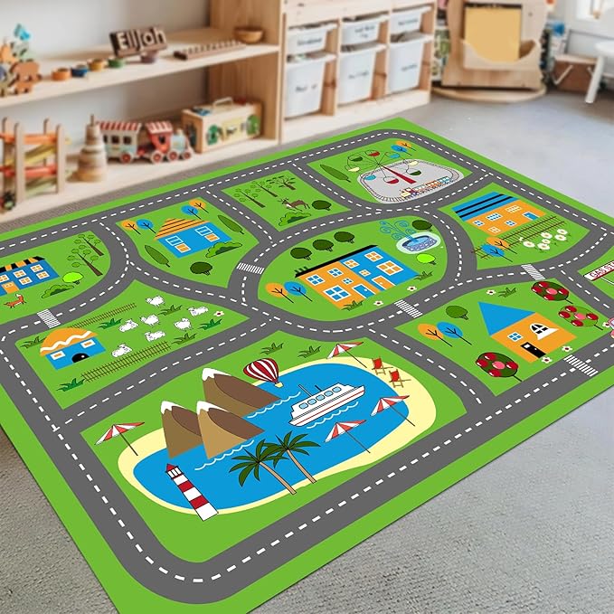 Kids Playmat Car Rug, Kids Play Rugs Town City Road Map Rug, Large Educational Car Mat, Boys Track Play Mat, Kid Rugs for Playroom Bedroom Living Room (Style 3, 78.7X 59 INCH)