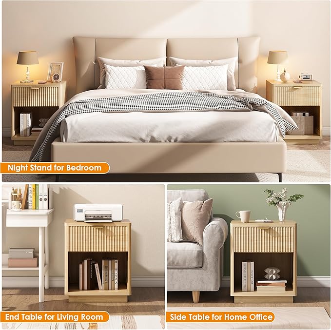 Fluted Nightstand Charging Station,Wood Modern Night Stands Storage Cabinet for Bedroom,Oak Bedside Table with Drawers