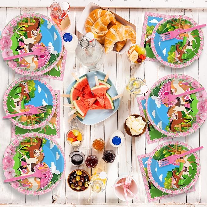 96 Pcs Horse Party Plates Napkins Tableware Set Kentucky Birthday Party Supplies Derby Disposable Paper Dinnerware Pink Cowgirl Western Theme Table Decoration Favors for Girls Baby Shower, 24 Guests