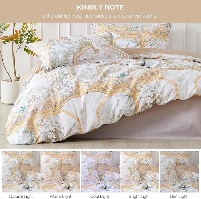SAPHREAS Gold Floral Duvet Cover Set 3pcs Full Size White Flower Botanical Blossom Bedding Comforter Cover Set 100% Cotton 1 Duvet Cover 2 Pillow Shams, Comforter Not Included