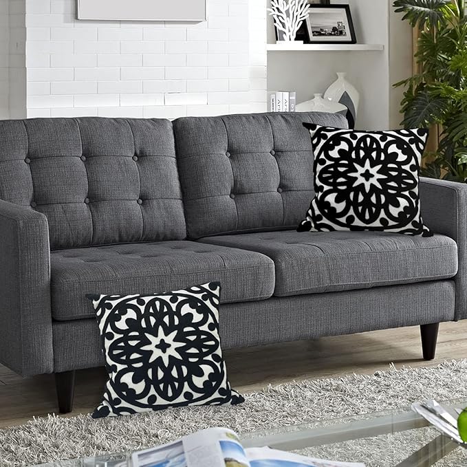 Alysheer Embroidered Decorative Throw Pillow Cover 20"x 20", Boho Mandala Modern Thick Embroidery Pattern, Durable Cotton Canvas Soft Cushion Case for Sofa Couch Bed Living Room (Black)