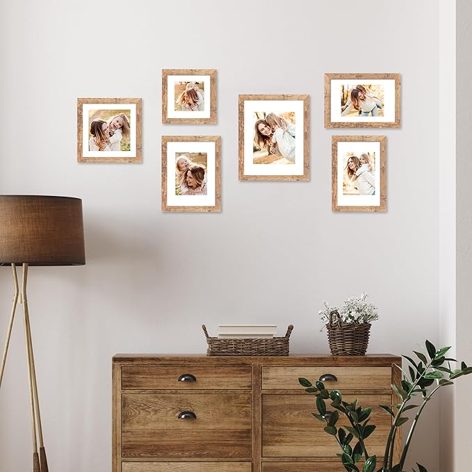 8x12 Picture Frame Set of 4 with High Definition Real Glass, Display 6x8 Pictures with Mat or 8 x 12 Without Mat, Rustic Brown Photo Frames for Tabletop and Wall Mounting